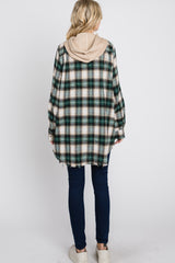 Green Plaid Button Front Fringe Hem Hooded Top