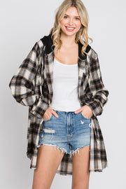 Brown Plaid Button Front Fringe Hem Hooded Top