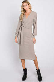 Taupe Brushed Wrap Front Tie Side Slit Midi Dress