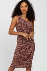 Brown Animal Print Asymmetrical One Shoulder Midi Dress