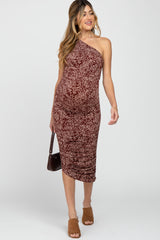 Brown Animal Print Asymmetrical One Shoulder Maternity Midi Dress