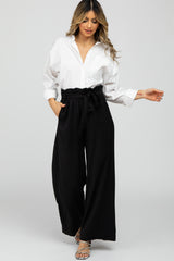 Black Smocked Belted Wide Leg Pants