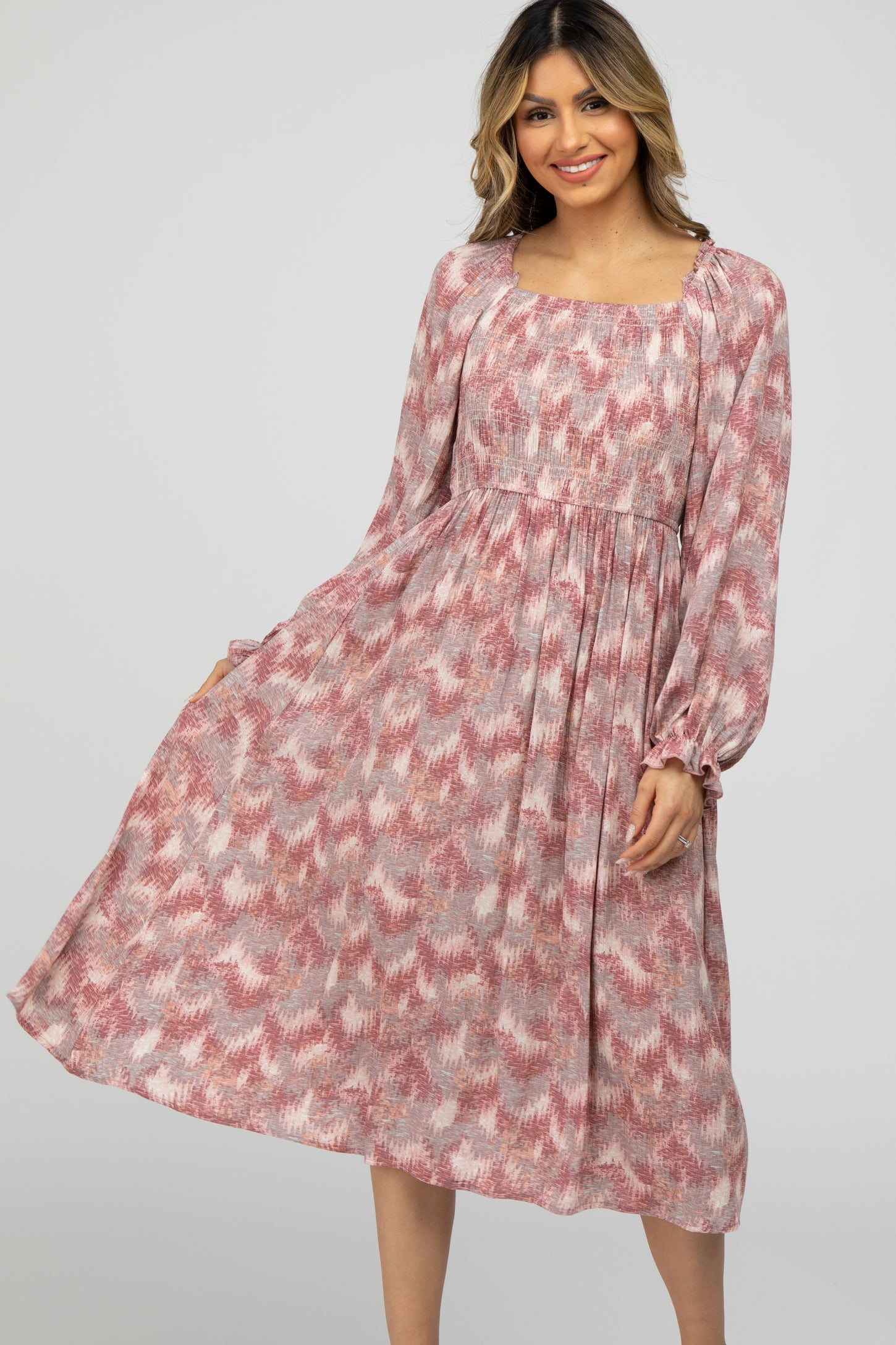Square neck Pink Floral cotton Midi Dress