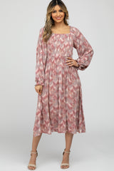 Mauve Vintage Print Square Neck Smocked Midi Dress