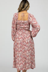 Mauve Vintage Print Square Neck Smocked Midi Dress