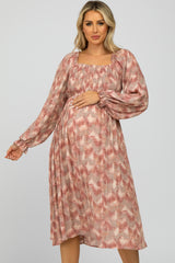 Mauve Vintage Print Square Neck Smocked Maternity Midi Dress