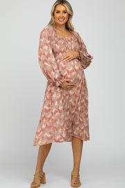 Mauve Vintage Print Square Neck Smocked Maternity Midi Dress