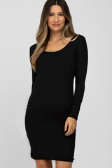 Black Ribbed Fitted Long Sleeve Maternity Dress