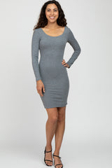 Grey Ribbed Fitted Long Sleeve Dress