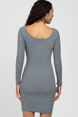 Grey Ribbed Fitted Long Sleeve Dress