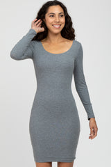 Grey Ribbed Fitted Long Sleeve Dress