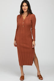 Rust Ribbed Knit Side Slit Maternity Maxi Dress