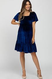 Blue Velvet Square Neck Smocked Ruffle Hem Maternity Dress