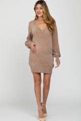 Mocha Bubble Sleeve Maternity Sweater Dress