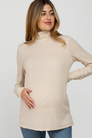 Beige Turtleneck Button Accent Maternity Top