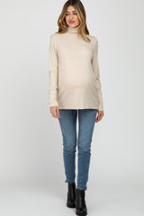 Beige Turtleneck Button Accent Maternity Top