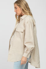 Taupe Striped Oversized Button Down Maternity Top