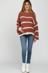 Mauve Cream  Striped Chunky Knit Maternity Sweater