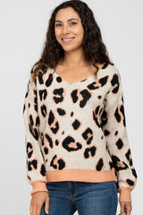 Peach Animal Print V-Neck Sweater