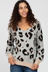 Grey Animal Print V-Neck Sweater