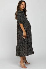 Black Floral Button Front Tiered Maternity Midi Dress