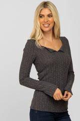 Charcoal Knit Split Neck Top