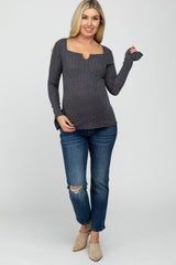 Charcoal Knit Split Neck Maternity Top