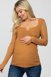 Camel Knit Split Neck Maternity Top