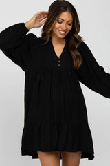 Black Linen Button Front Ruffle Hem Maternity Dress