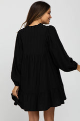 Black Linen Button Front Ruffle Hem Maternity Dress