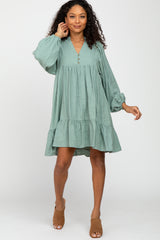 Mint Green Linen Button Front Ruffle Hem Dress