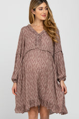 Mauve Leaf Print Ruffle Button Front Maternity Dress