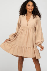 Beige Linen Button Front Ruffle Hem Dress