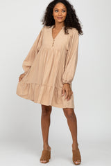 Beige Linen Button Front Ruffle Hem Dress