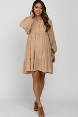 Beige Linen Button Front Ruffle Hem Maternity Dress