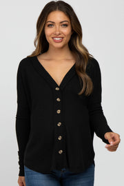 Black Waffle Knit Button Front Maternity Top