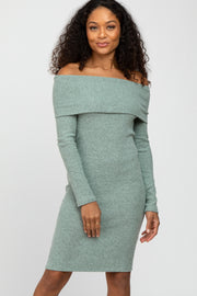 Mint Green Soft Ribbed Folded Neck Off Shoulder Dress