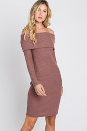 Mauve Soft Ribbed Folded Neck Off Shoulder Maternity Dress