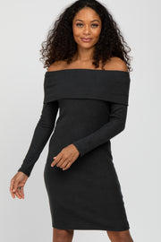 Forest Green Soft Ribbed Folded Neck Off Shoulder Dress