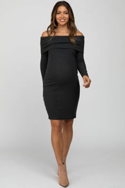 Forest Green Soft Ribbed Folded Neck Off Shoulder Maternity Dress