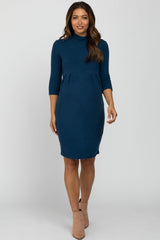 Dark Teal Brushed Mock Neck Fitted Maternity Dress