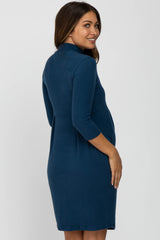 Dark Teal Brushed Mock Neck Fitted Maternity Dress