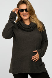 Charcoal Brushed Knit Cowl Neck Long Sleeve Plus Maternity Top