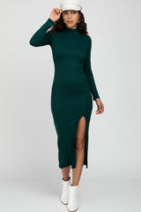 Forest Green Ribbed Mock Neck Side Slit Maternity Maxi Dress