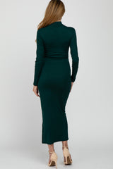 Forest Green Ribbed Mock Neck Side Slit Maternity Maxi Dress