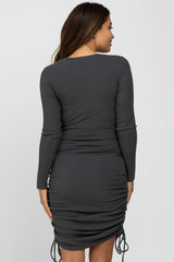 Charcoal Ribbed Ruched Side Tie Maternity Fitted Dress