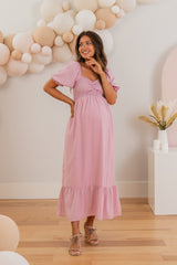 Pink Smocked Sweetheart Neck Maternity Maxi Dress