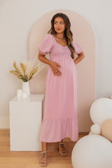 Pink Smocked Sweetheart Neck Maternity Maxi Dress