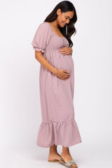 Taupe Smocked Sweetheart Neck Maternity Maxi Dress