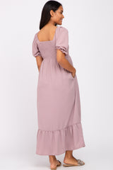 Taupe Smocked Sweetheart Neck Maternity Maxi Dress